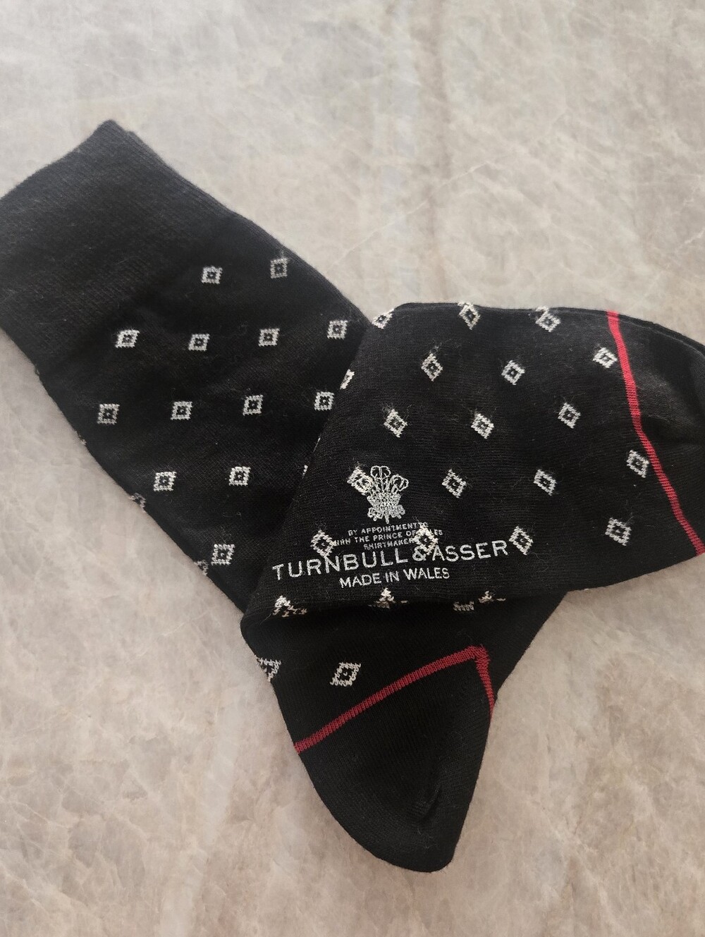Turnbull & Asser Black Dress Socks with White Diamond Motif and Red Stripe